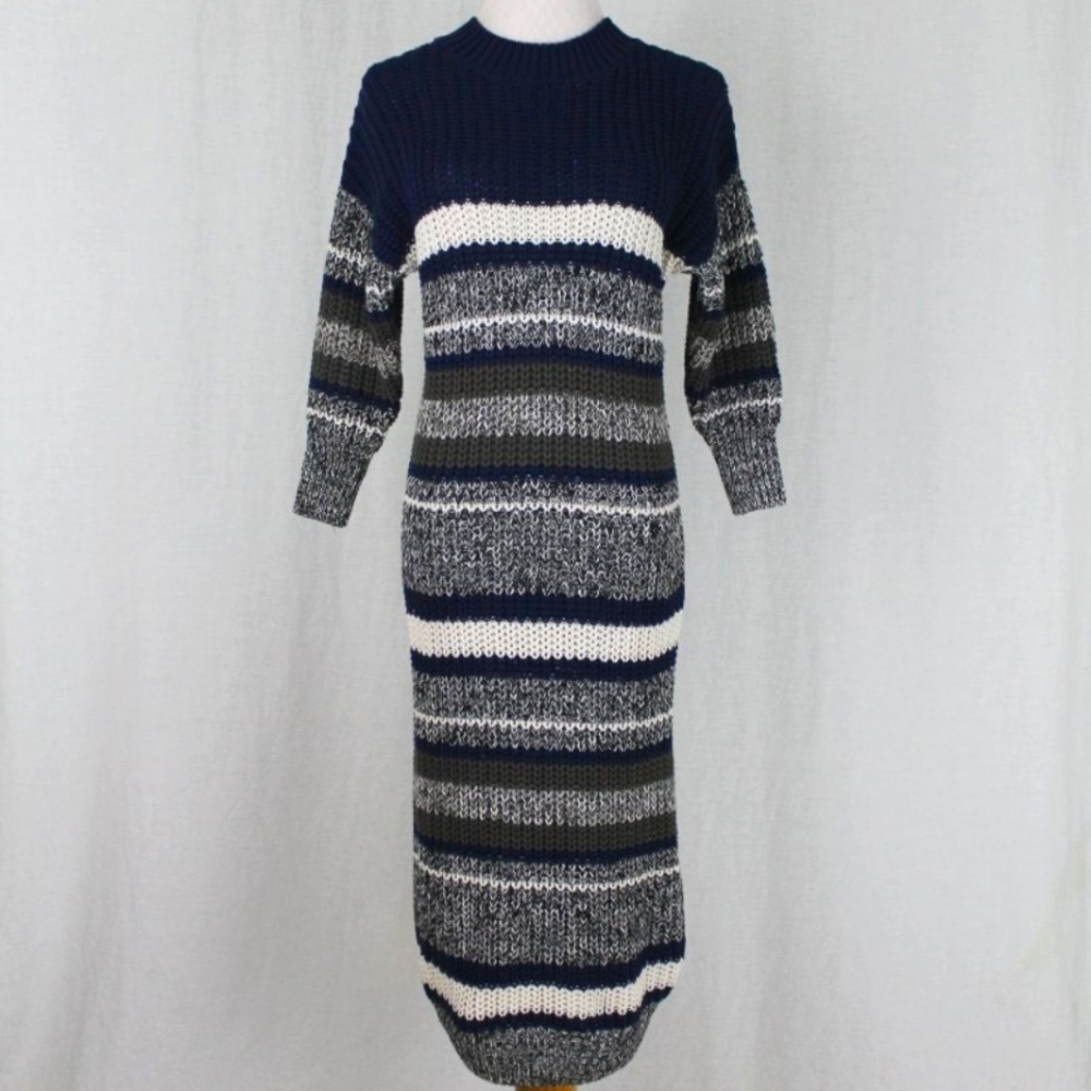 METISU Chunky Hand-knit Navy Cotton Mid-Calf Sweater Dress M 90s- y2k Like New